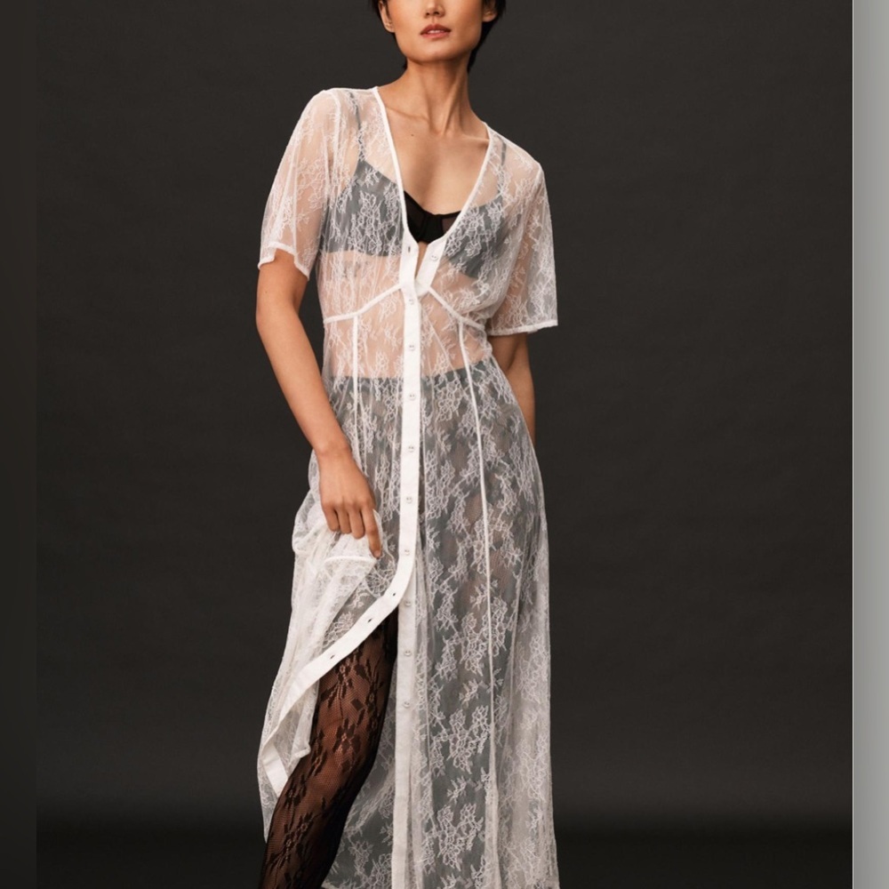 By Anthropologie Sheer Lace Buttondown Dress Nylon Short Sleeve V Neck New S